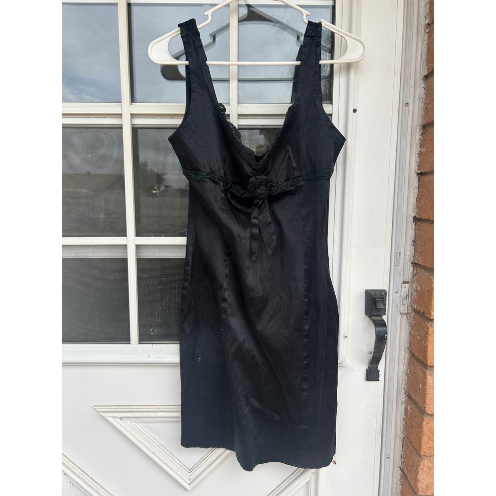 Vintage Bebe Black Satin Lace‎ Trim Rosette Empire Waist Mini Dress Y2K Coquette - Picture 11 of 15